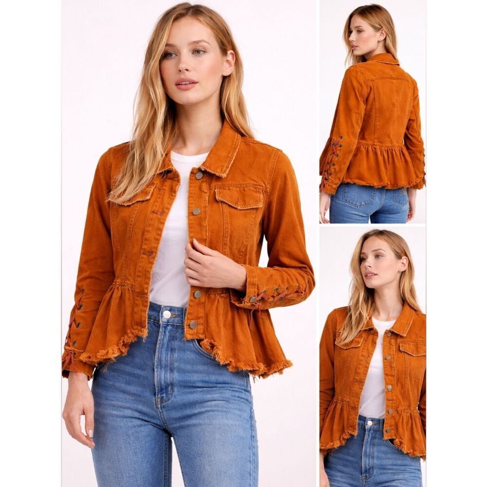 Free People Willow Ruffled Denim Jacket Boho Lace-Up Sleeve Cotton